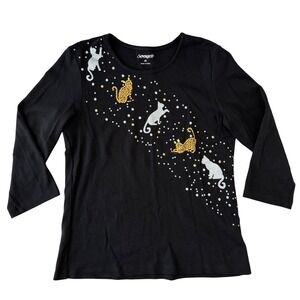 Serengeti Black Cotton Cat Shirt Embellished Halloween Teacher Top Size M